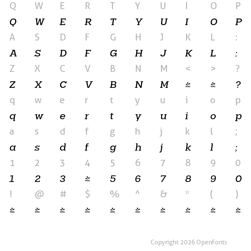 Character Map of FONTSPRING DEMO - Palo Slab Wide Medium Oblique Regular
