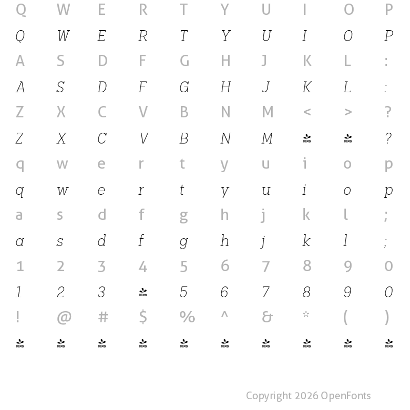 Character Map of FONTSPRING DEMO - Palo Slab Xlight Oblique Regular