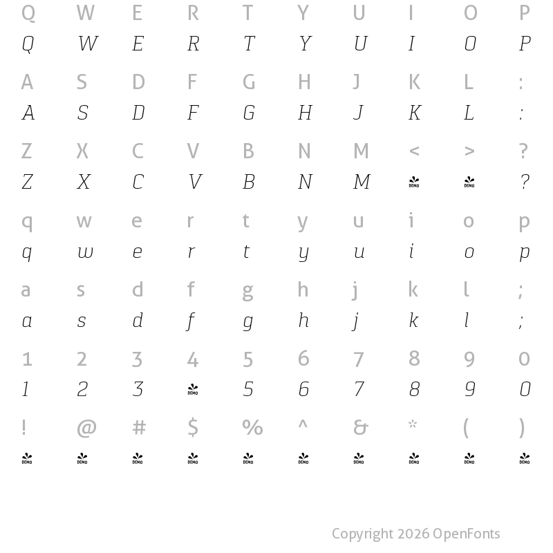 Character Map of FONTSPRING DEMO - Pancetta Serif Pro ExLt Italic