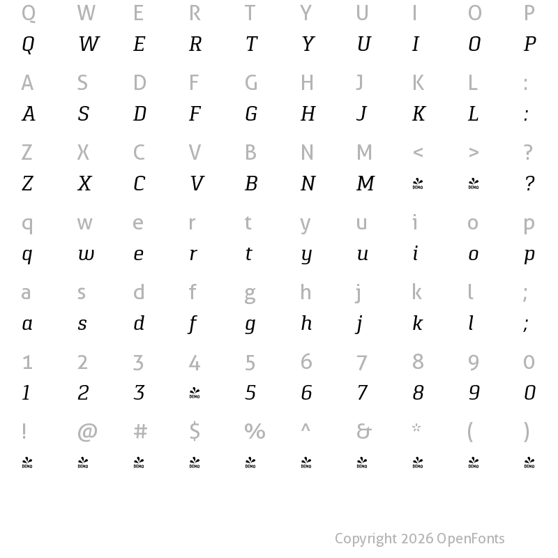 Character Map of FONTSPRING DEMO - Pancetta Serif Pro Italic