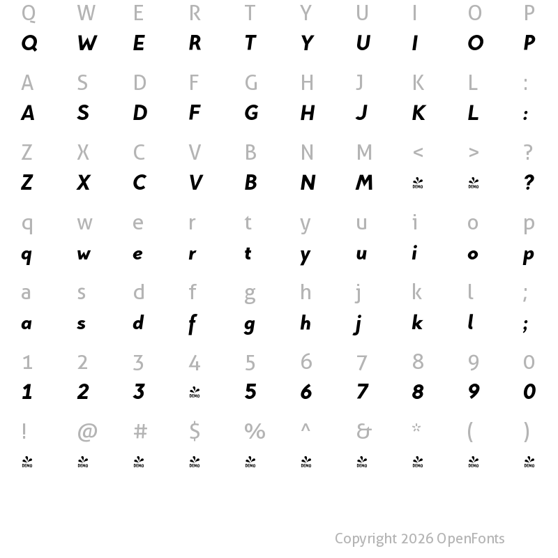 Character Map of FONTSPRING DEMO - Pani Sans ExtraBold Italic