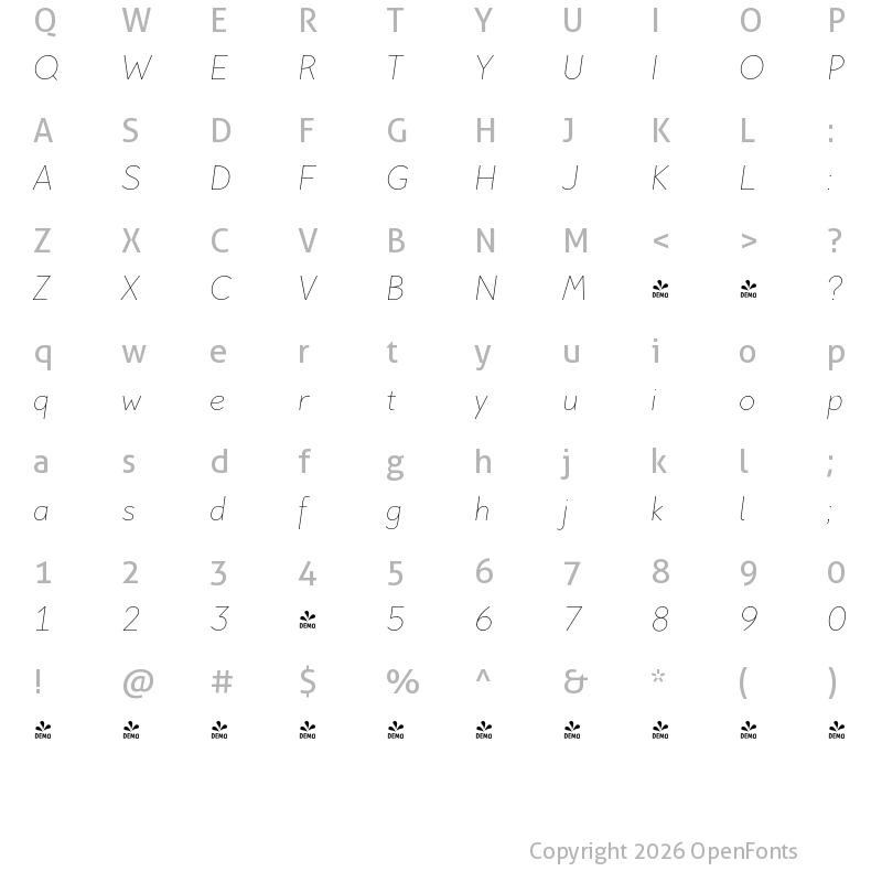 Character Map of FONTSPRING DEMO - Pani Sans Thin Italic