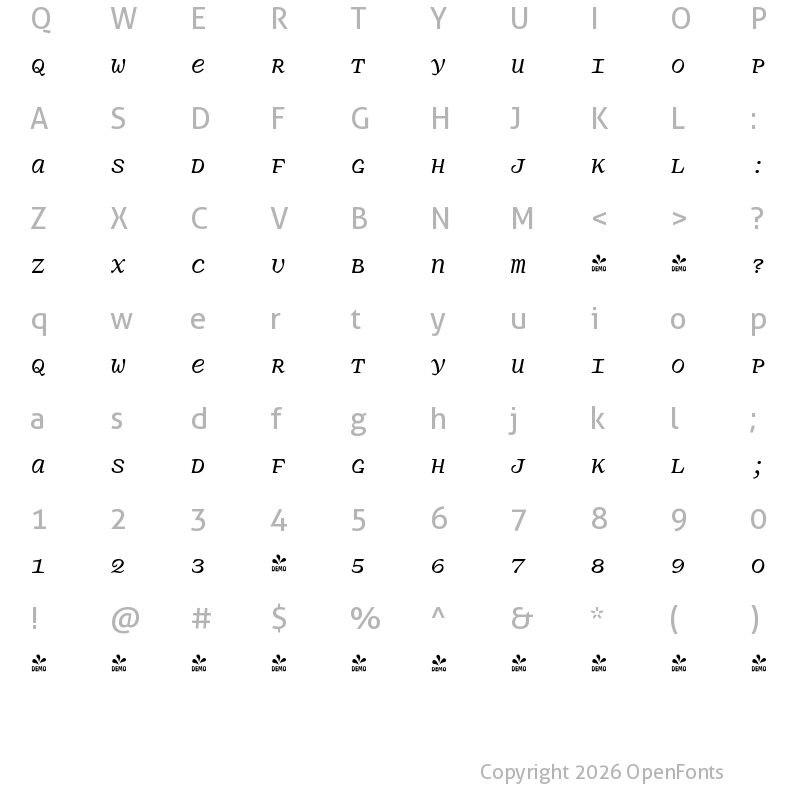 Character Map of FONTSPRING DEMO - Panoptica Italic