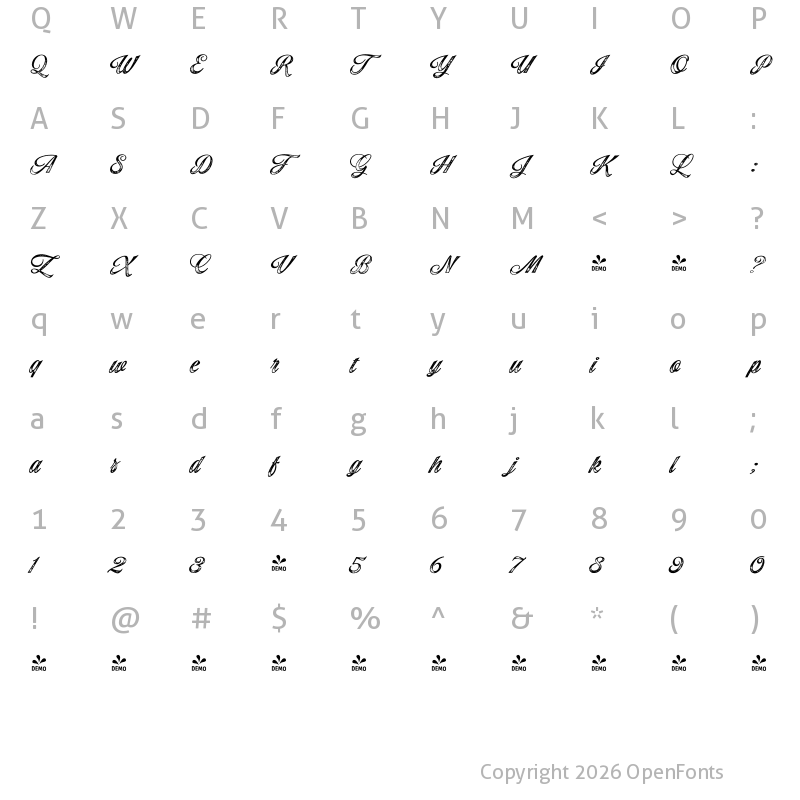 Character Map of FONTSPRING DEMO - PaperTiger Scr P Regular
