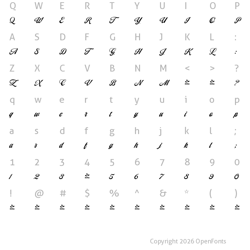 Character Map of FONTSPRING DEMO - PaperTiger Scr Regular