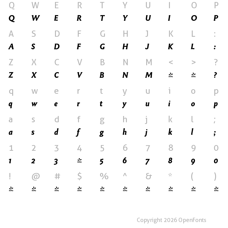 Character Map of FONTSPRING DEMO - ParadigmPro-BoldItalic Regular