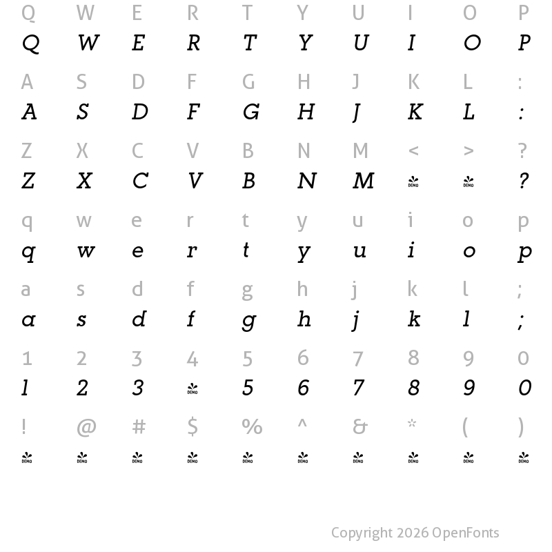 Character Map of FONTSPRING DEMO - Paralex Italic