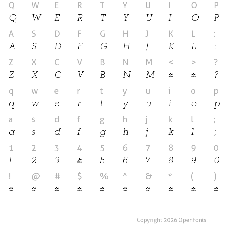 Character Map of FONTSPRING DEMO - Paralex Thin Italic
