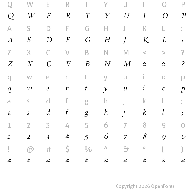 Character Map of FONTSPRING DEMO - Park Lane Light Regular