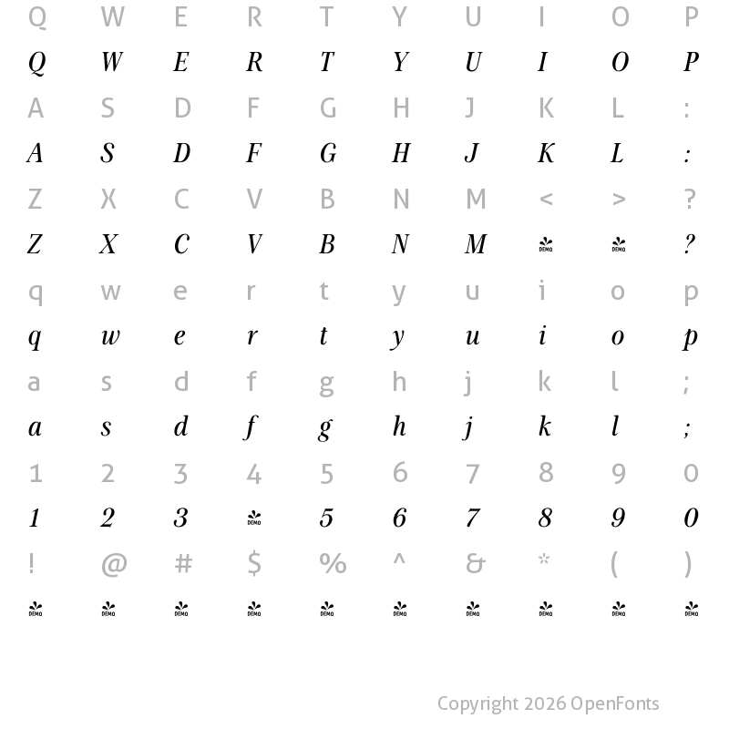 Character Map of FONTSPRING DEMO - Patchouli Display Bold Italic