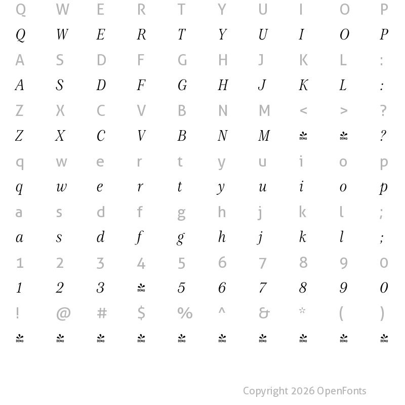 Character Map of FONTSPRING DEMO - Patchouli Display Italic