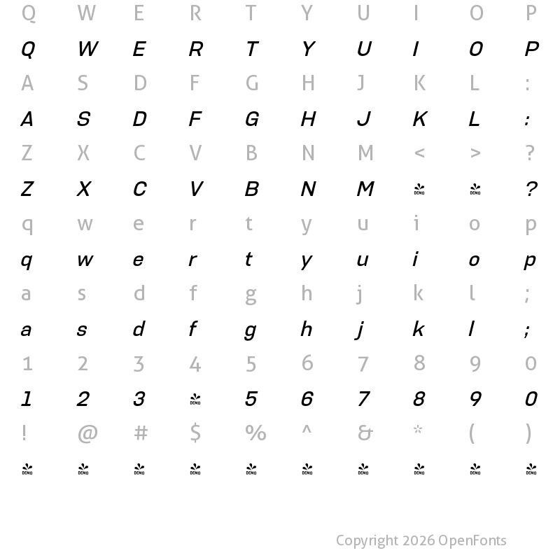 Character Map of FONTSPRING DEMO - PCTL9600 Rg Italic