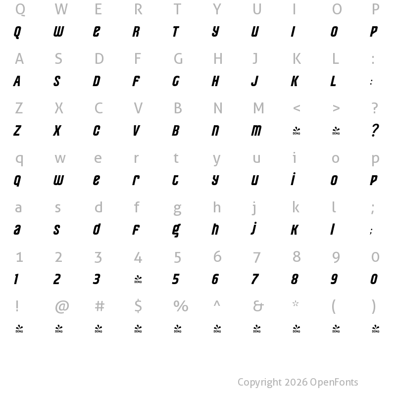 Character Map of FONTSPRING DEMO - Pearorange Bold Italic