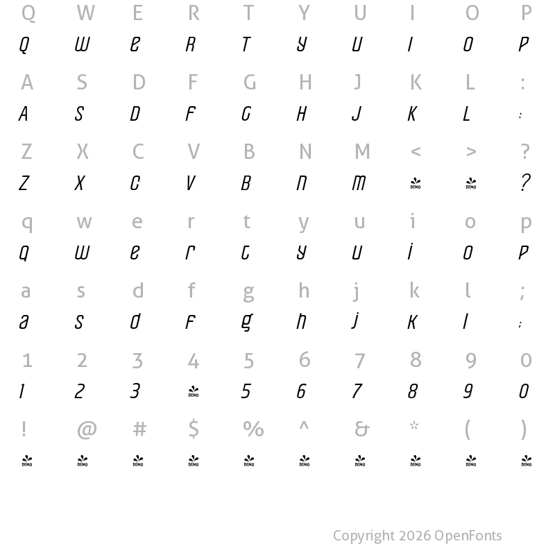 Character Map of FONTSPRING DEMO - Pearorange Italic