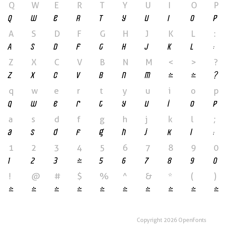 Character Map of FONTSPRING DEMO - Pearorange Medium Italic