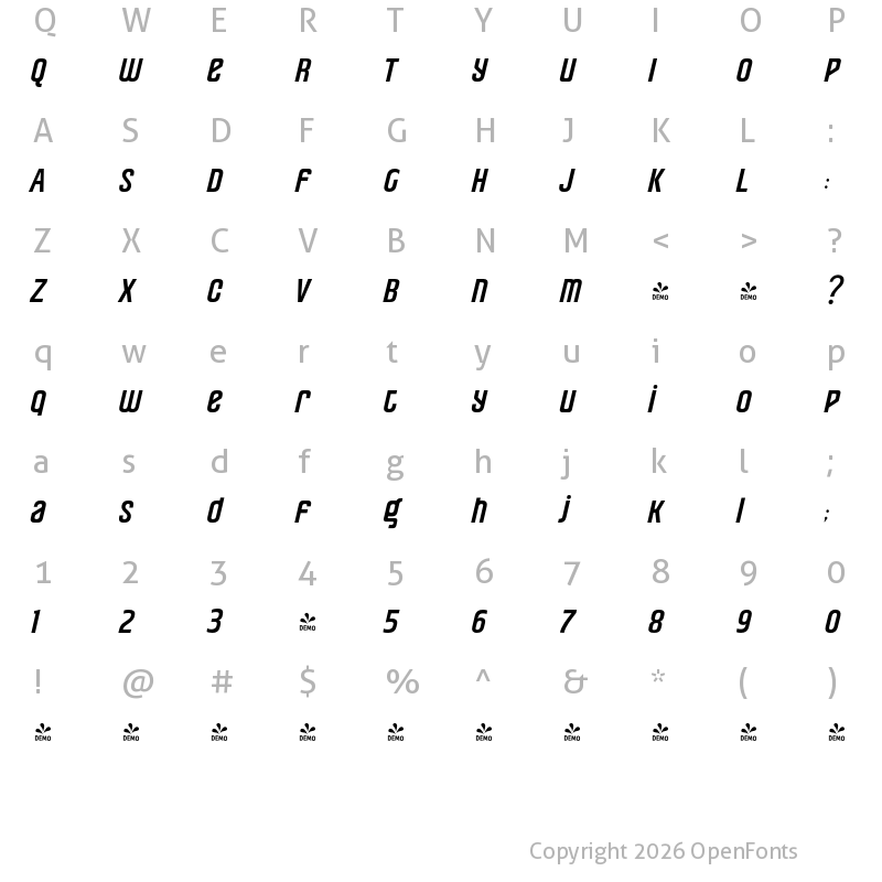 Character Map of FONTSPRING DEMO - Pearorange SemiBold Italic