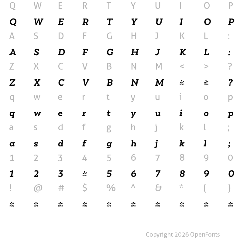 Character Map of FONTSPRING DEMO - Peckham Bold It Regular
