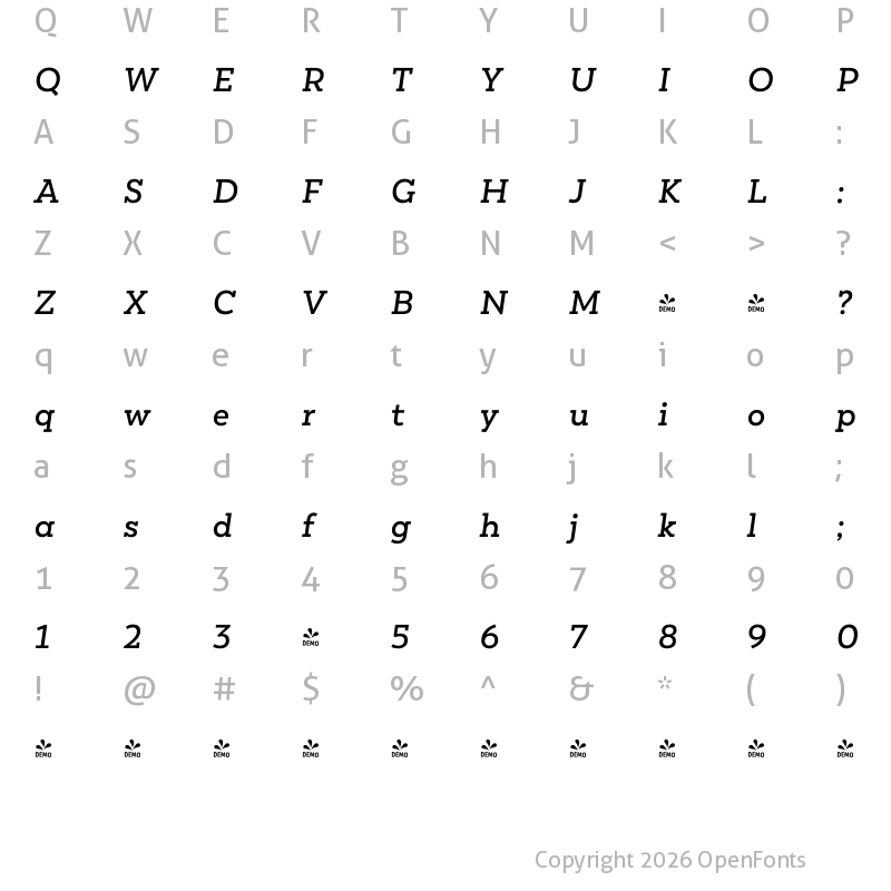 Character Map of FONTSPRING DEMO - Peckham SemiBold It Regular