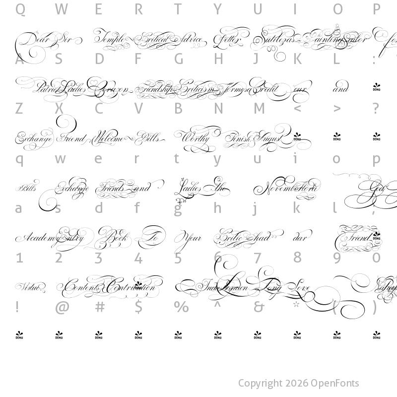 Character Map of FONTSPRING DEMO - PenabicoWords Regular