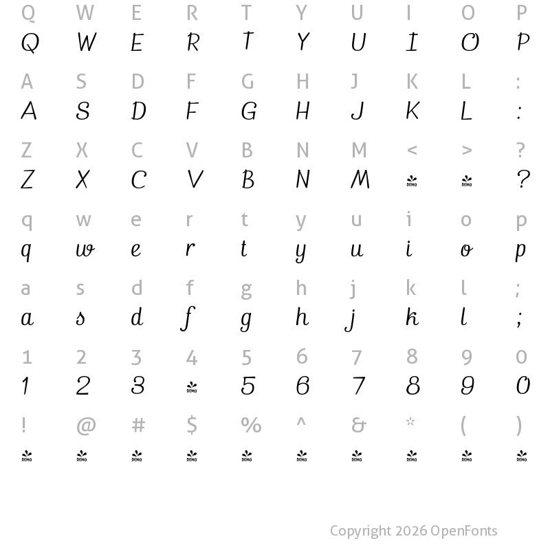 Character Map of FONTSPRING DEMO - Pepita Script 2 Italic