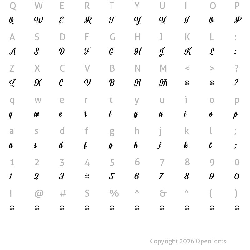 Character Map of FONTSPRING DEMO - Perfume Brush 2 Bold