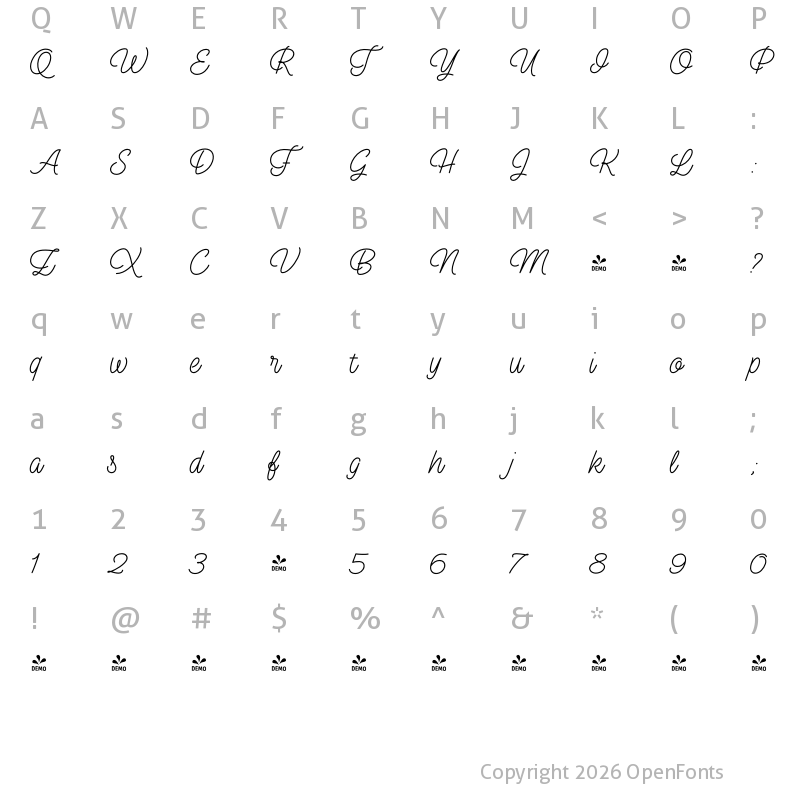Character Map of FONTSPRING DEMO - Perfume Pen 2 Regular