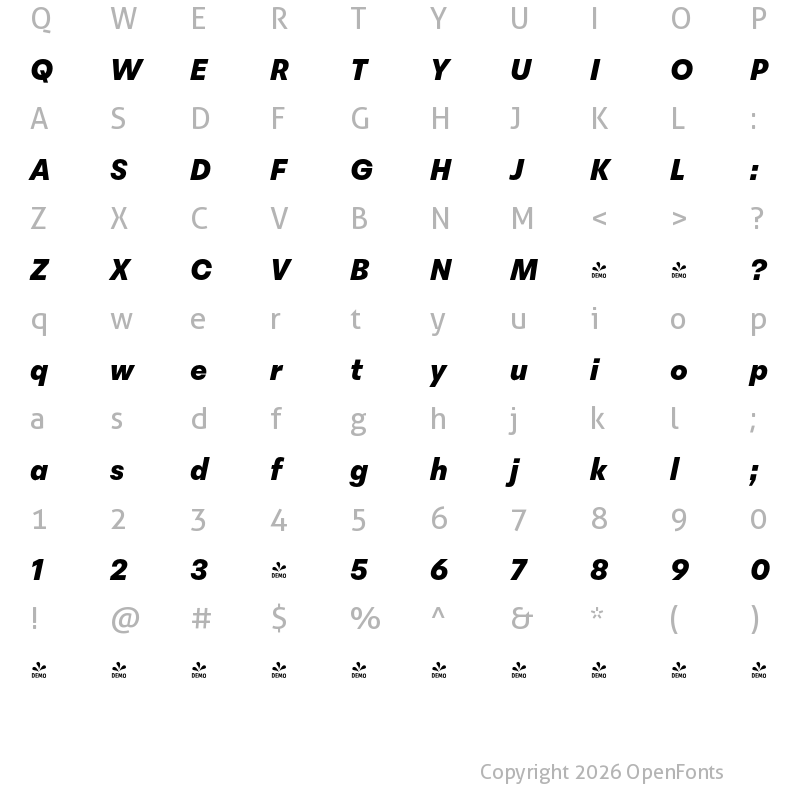 Character Map of FONTSPRING DEMO - Peridot Latin Black Italic