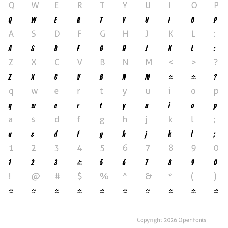 Character Map of FONTSPRING DEMO - Peridot Latin Compressed Black Italic