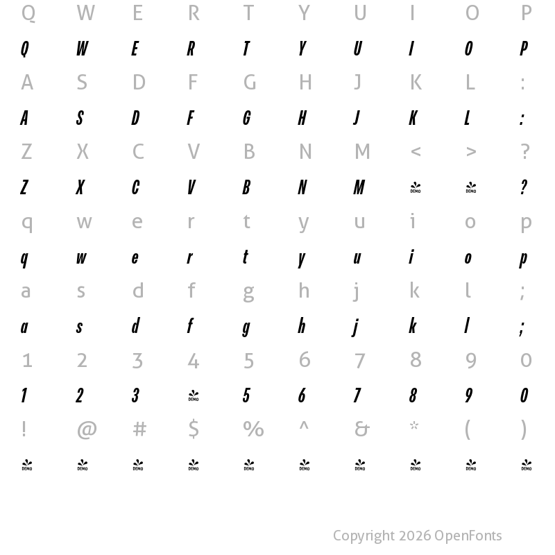 Character Map of FONTSPRING DEMO - Peridot Latin Compressed ExBold Italic