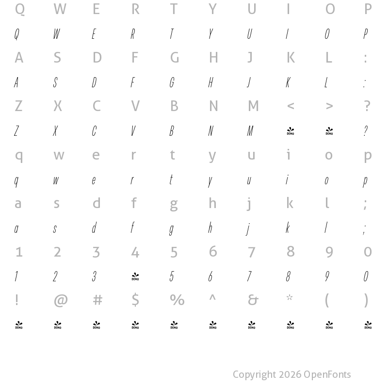 Character Map of FONTSPRING DEMO - Peridot Latin Compressed ExLight Italic