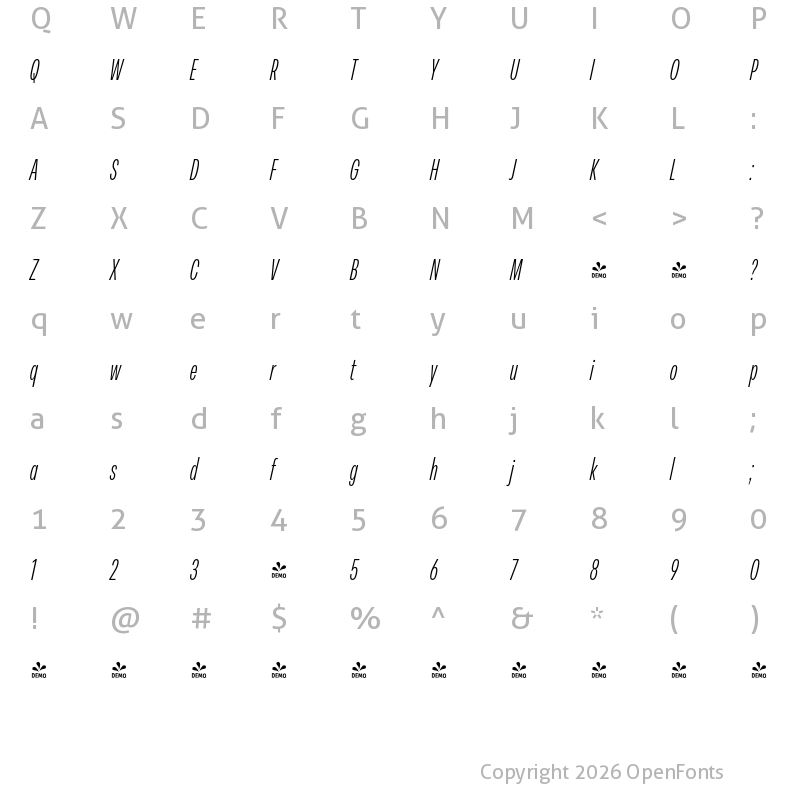 Character Map of FONTSPRING DEMO - Peridot Latin Compressed Light Italic