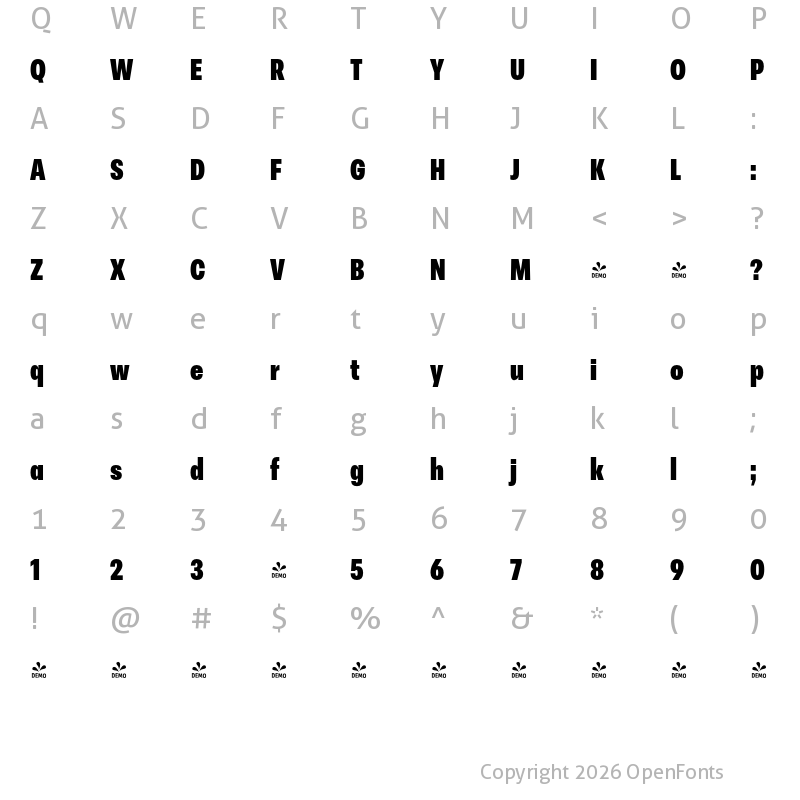 Character Map of FONTSPRING DEMO - Peridot Latin Condensed Heavy Regular
