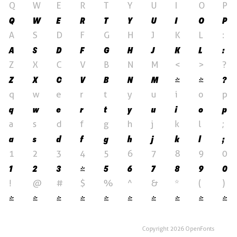 Character Map of FONTSPRING DEMO - Peridot Latin Narrow Heavy Italic
