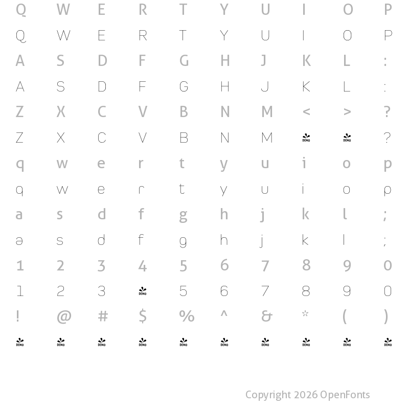 Character Map of FONTSPRING DEMO - Pero ExtraLight Regular