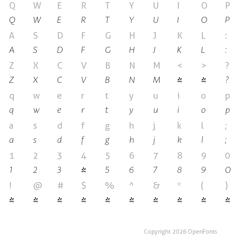 Character Map of FONTSPRING DEMO - Petala Pro Thin Italic