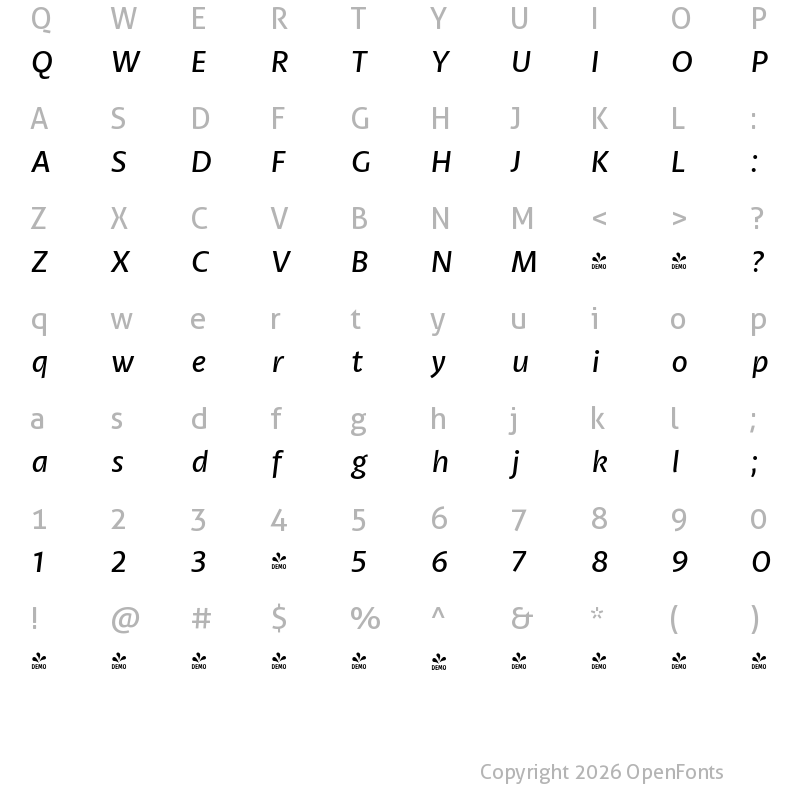 Character Map of FONTSPRING DEMO - Petala Pro VF Italic