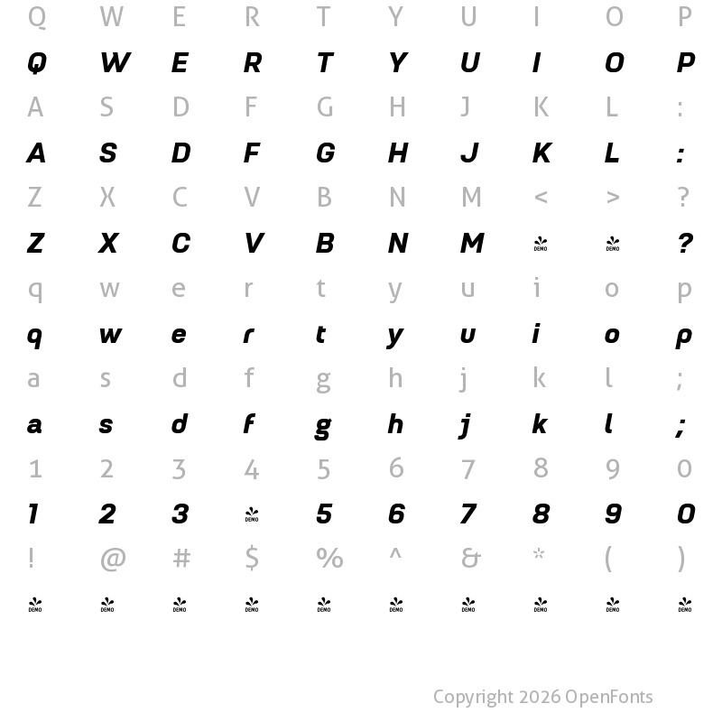 Character Map of FONTSPRING DEMO - Petrov Sans ExtraBold Italic