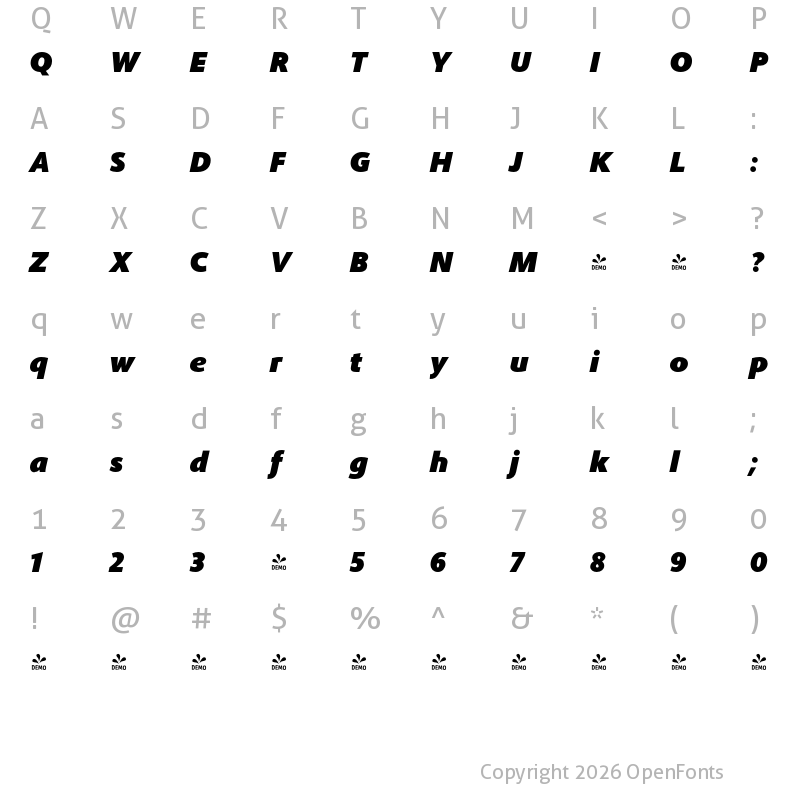 Character Map of FONTSPRING DEMO - Phoenica PRO Black Bold Italic