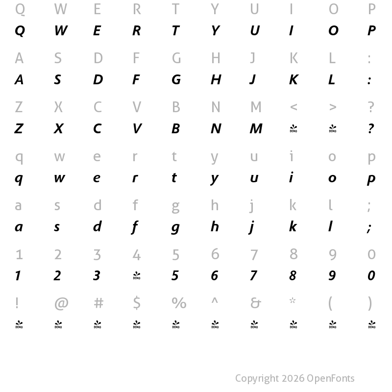 Character Map of FONTSPRING DEMO - Phoenica PRO Bold Italic