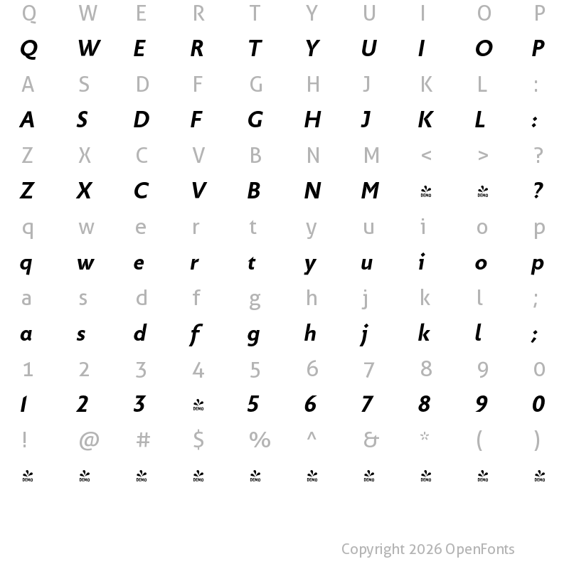 Character Map of FONTSPRING DEMO - Picadilly Bold Italic