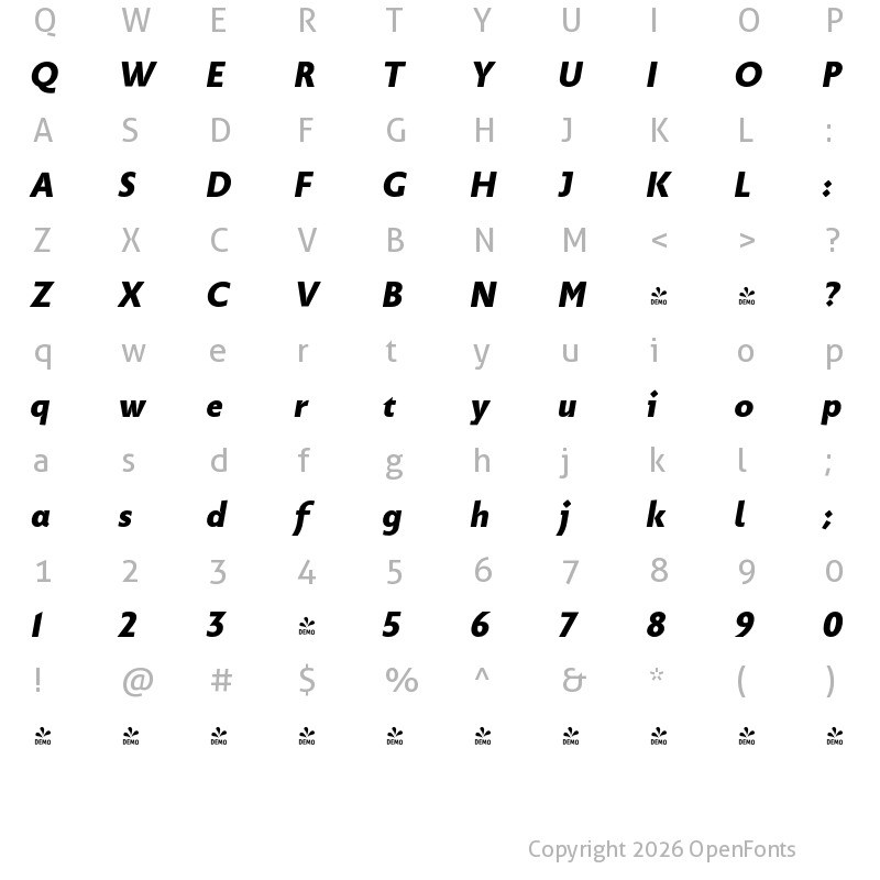 Character Map of FONTSPRING DEMO - Picadilly Heavy Italic