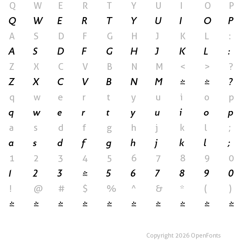Character Map of FONTSPRING DEMO - Picadilly Medium Italic