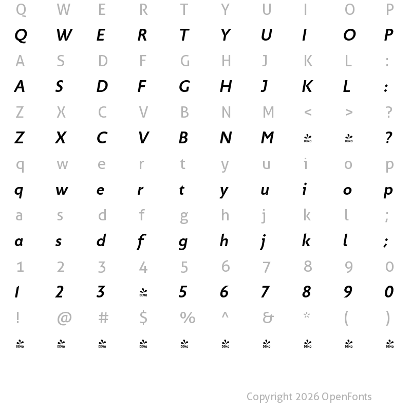 Character Map of FONTSPRING DEMO - Picadilly SemiBold Italic