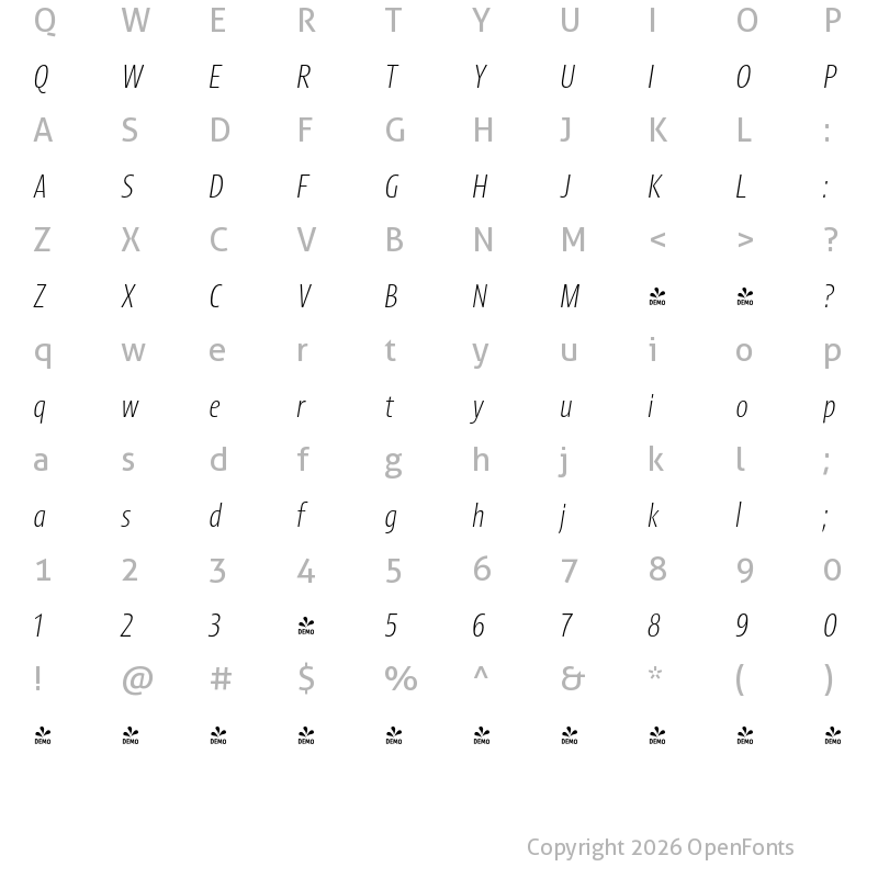 Character Map of FONTSPRING DEMO - Picador Sans ExtraLight Italic