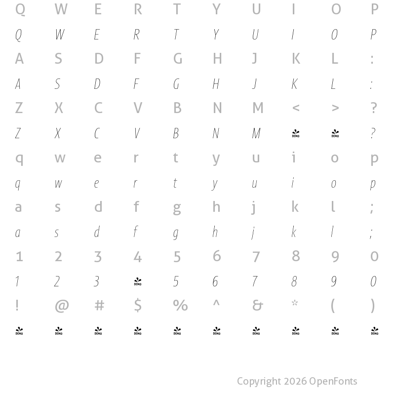 Character Map of FONTSPRING DEMO - Picador Sans ExtraThin Italic