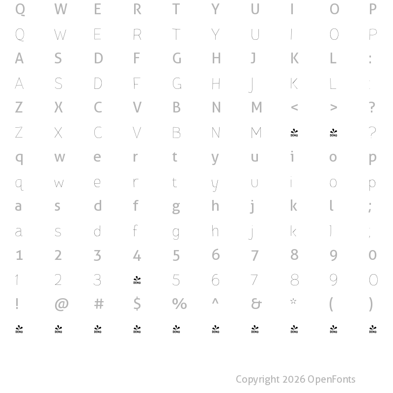 Character Map of FONTSPRING DEMO - Pines Thin Regular