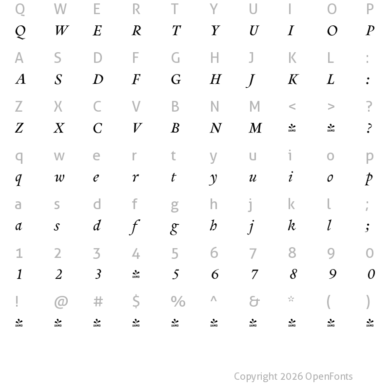 Character Map of FONTSPRING DEMO - Pinnacle JY Pro Bold Italic