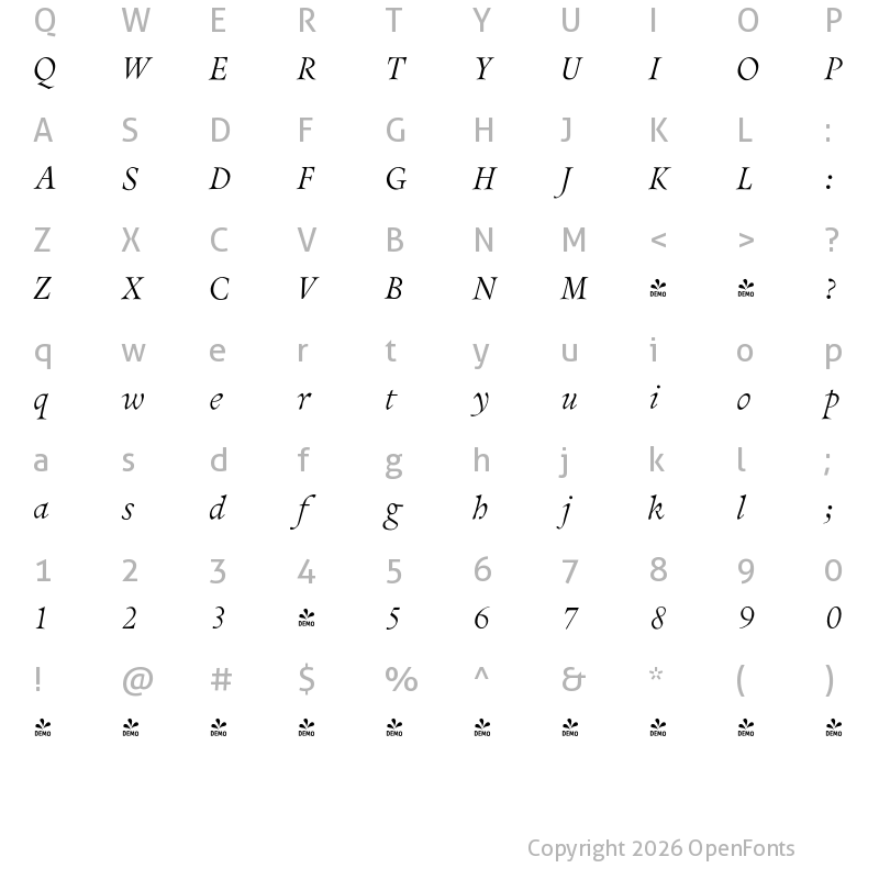 Character Map of FONTSPRING DEMO - Pinnacle JY Pro Italic