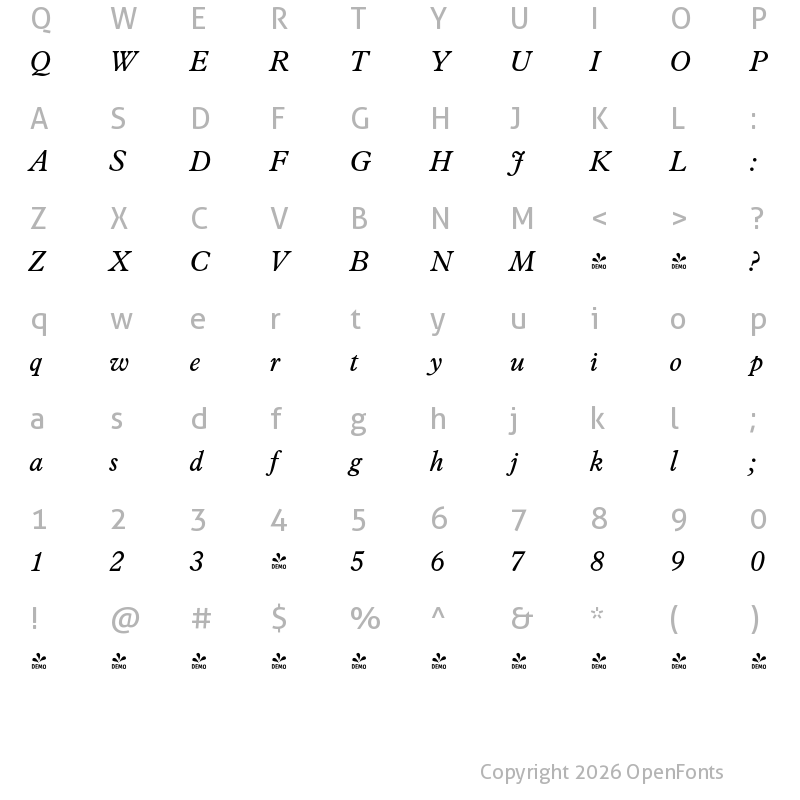 Character Map of FONTSPRING DEMO - Placid Pro Italic