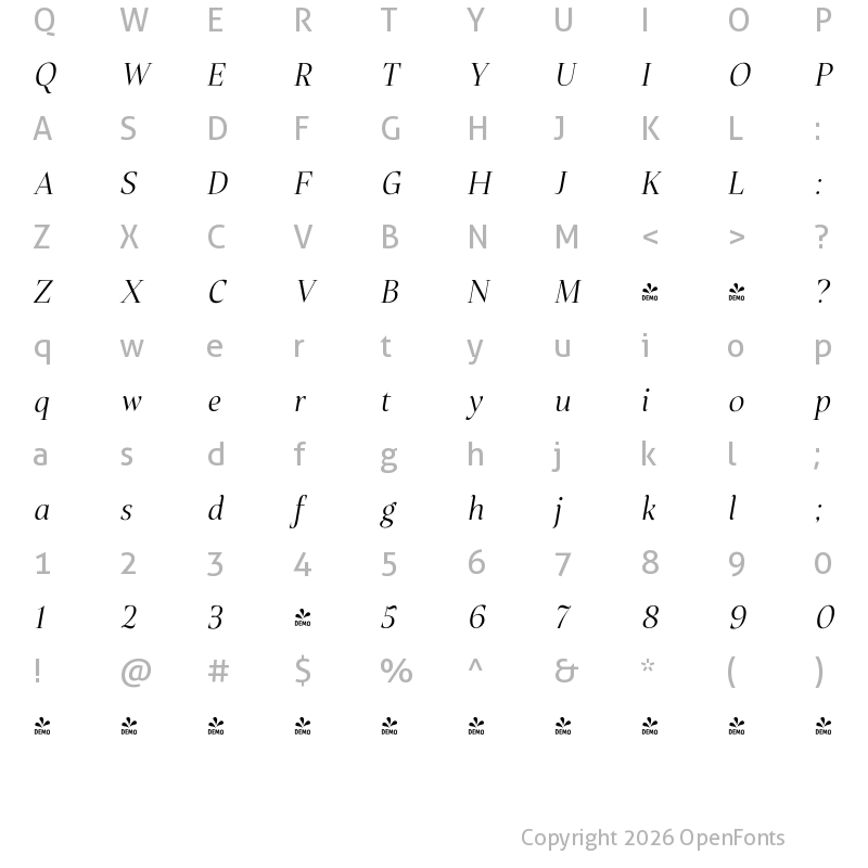 Character Map of FONTSPRING DEMO - Plaisir Light Italic Regular